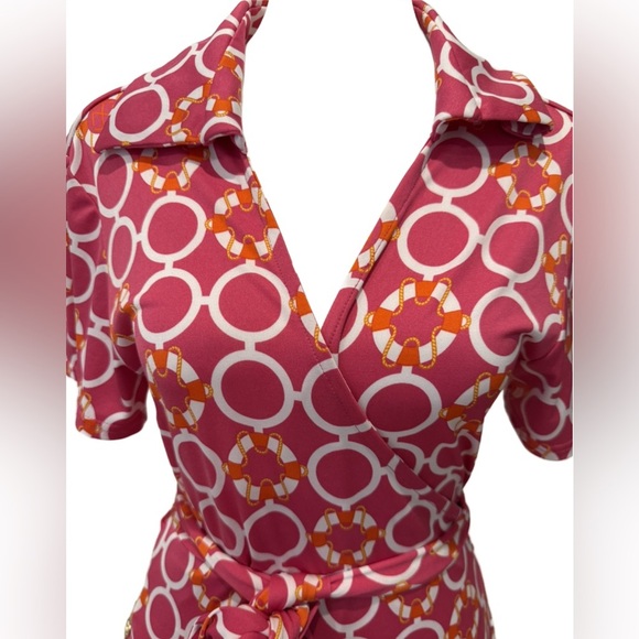 Tracy Negoshian Red and White Lifesaver Nautical Print Wrap Dress. Medium - Picture 5 of 6